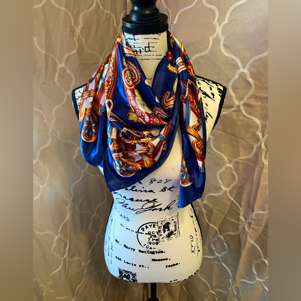 Large Vintage Square Silky Scarf w/ Blue, Pink & Gold Designs